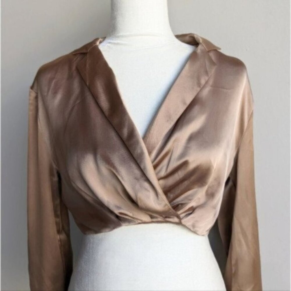 Dynamite Satin Wrap Blouse in Bronze